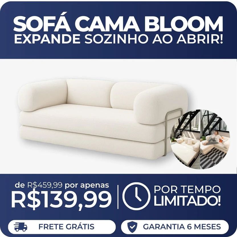 Sofá Cama Bloom Bouclé Linho - Expansão Automática